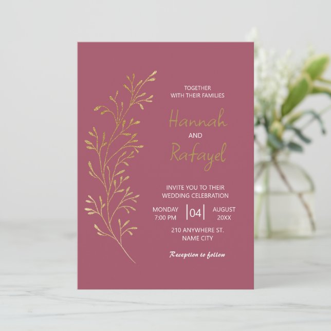 Invitación Boda de Rosa con Hojas de Oro Moderna Simple (Anverso de pie)