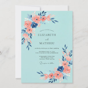 Invitación Boda de Rosa Coral Acuática Pintada a Mano