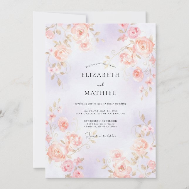 Invitación Boda de Rosa Coral Lila (Anverso)
