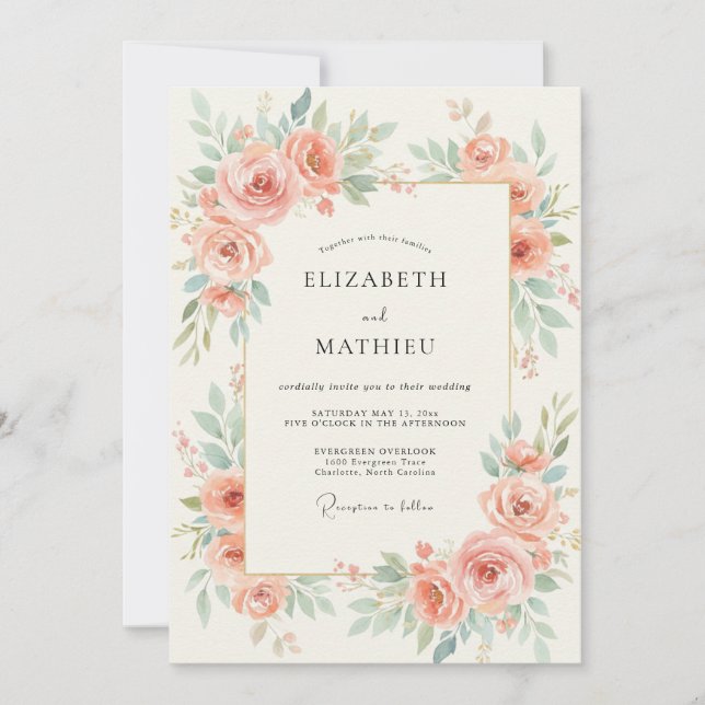 Invitación Boda de Rosa Coral Mint (Anverso)