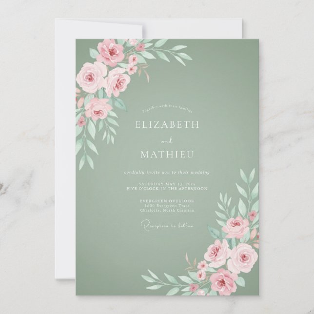 Invitación Boda de Rosa Dainty Verde Salvia (Anverso)