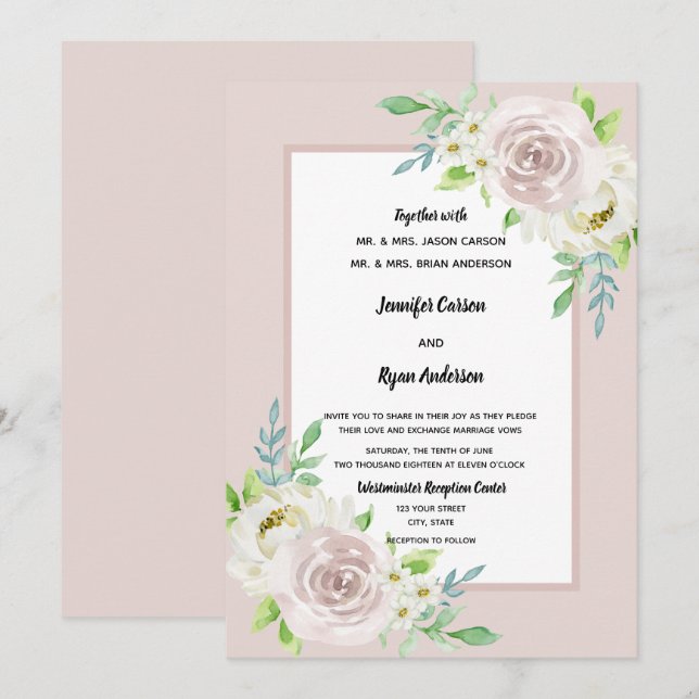Invitación Boda de Rosa de acuarela floral suave de palisandr (Anverso / Reverso)