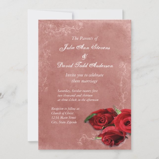 Invitación Boda de Rosa de coral de época (Anverso)