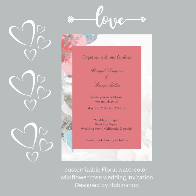 Invitación Boda de rosa de flores silvestres de acuarela flor (customizable Floral watercolor 
wildflower rose wedding invitation
Designed by Hobinshop)
