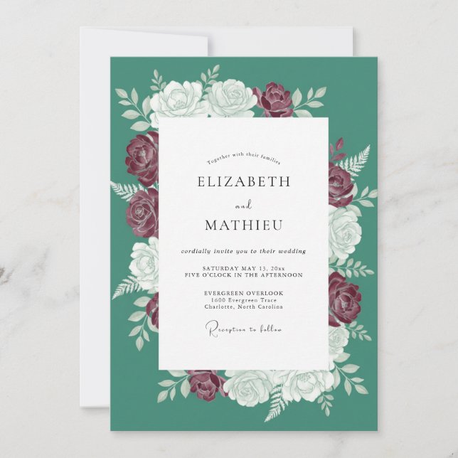 Invitación Boda de Rosa de Invierno Opulenta Verdeazulada (Anverso)