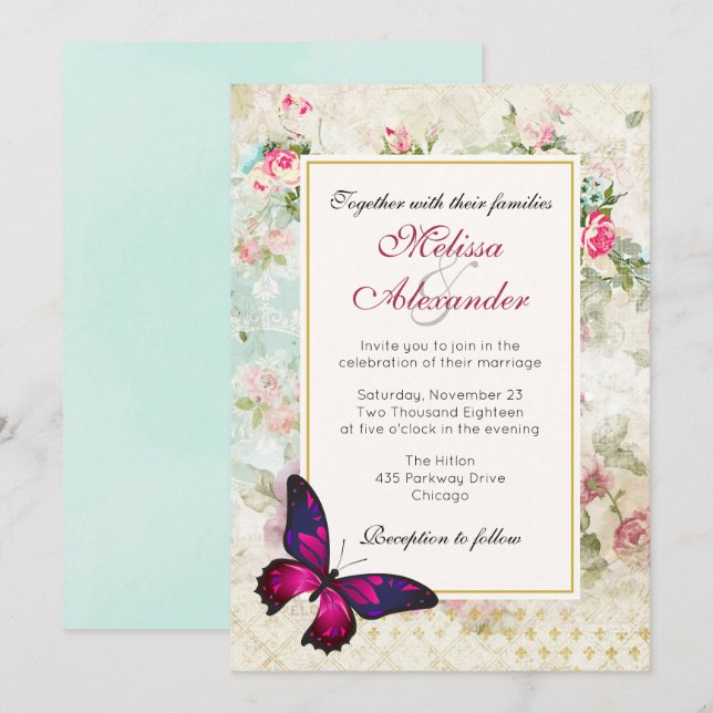 Invitación Boda de Rosa de mariposa rosa y cosecha (Anverso / Reverso)