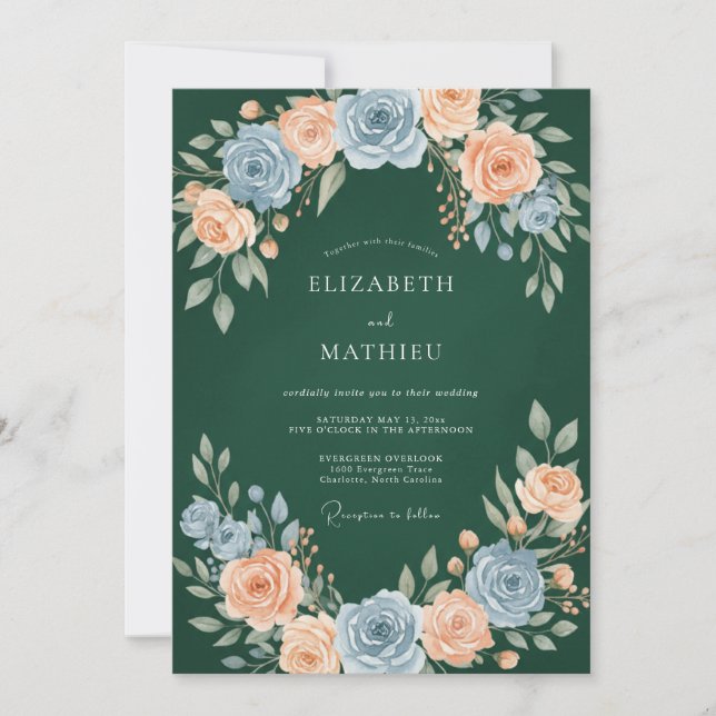 Invitación Boda de Rosa de Mel Elegante Verde Bosque (Anverso)