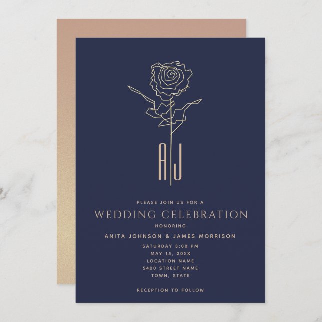 Invitación Boda de Rosa de Oro y Azul Marino Monogramada (Anverso / Reverso)