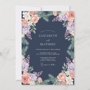 Invitación Boda de Rosa de Pino Azul Marino de Medianoche