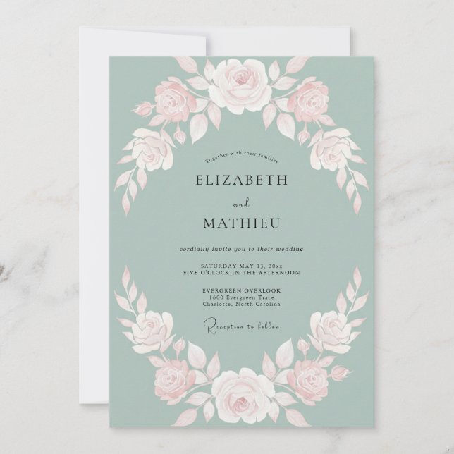 Invitación Boda de Rosa Delicada Acuarela Sage (Anverso)