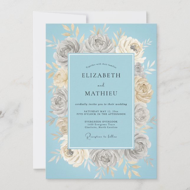 Invitación Boda de Rosa delicada azul hielo (Anverso)