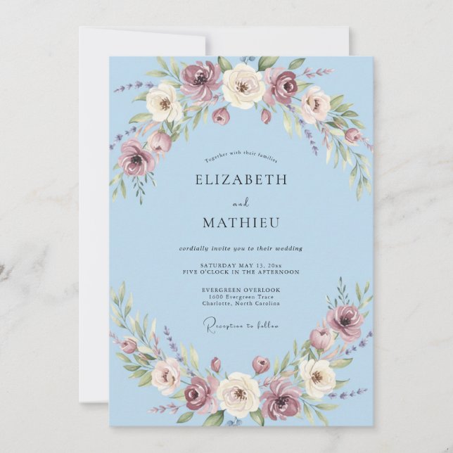Invitación Boda de Rosa delicada Cerúlea (Anverso)