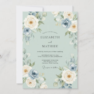 Invitación Boda de Rosa Delicada Verde Salvia