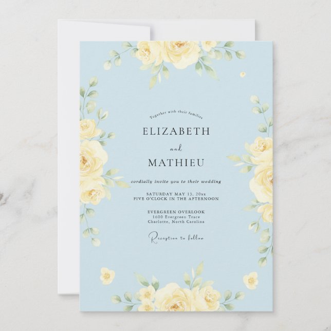 Invitación Boda de Rosa Discreta Azul Polvo (Anverso)