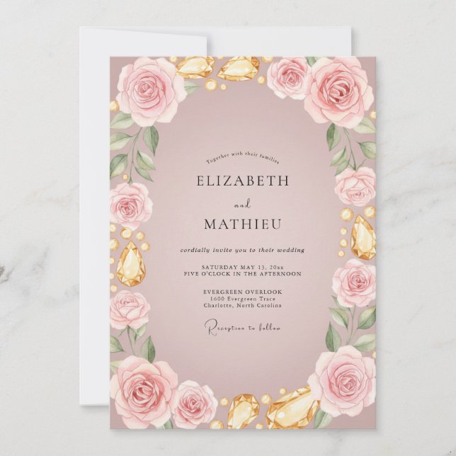 Invitación Boda de Rosa Dorada Mauve Suave (Anverso)