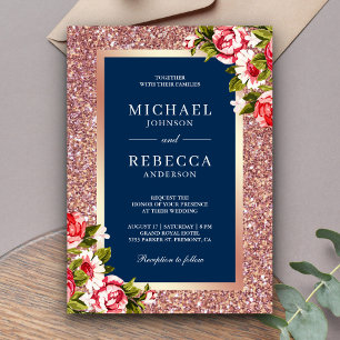 Invitación Boda de rosa dorado brillo rosa floral azul marino