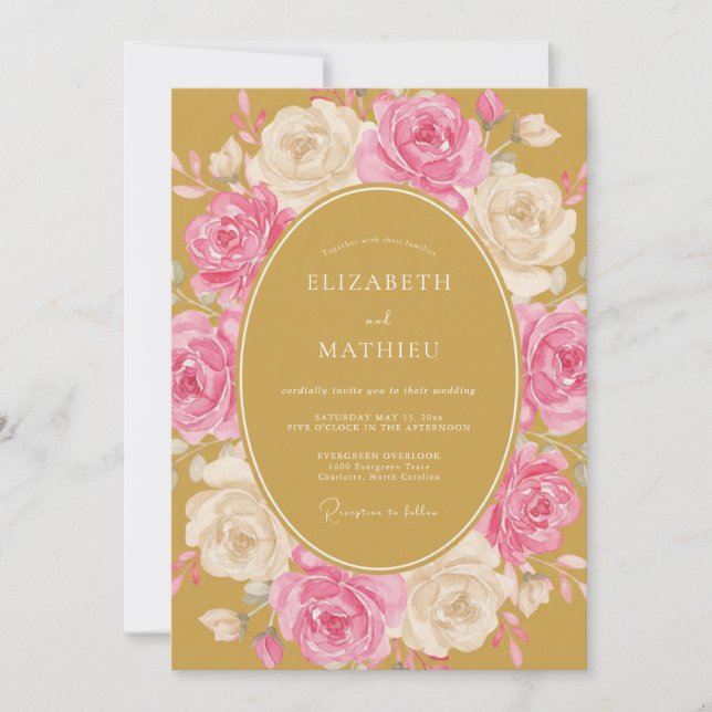 Invitación Boda de Rosa Elegante Amarillo Mostaza (Anverso)