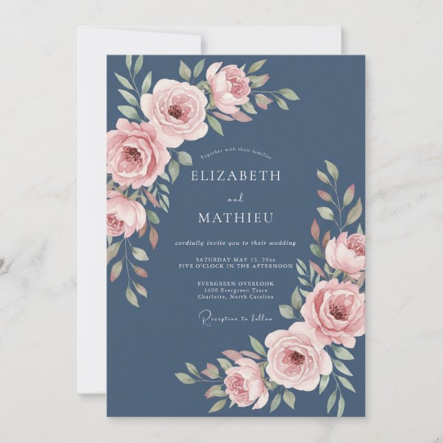 Invitación Boda de Rosa Elegante Azul Acero (Anverso)