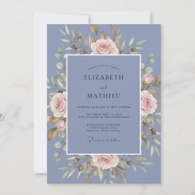 Invitación Boda de Rosa Elegante Azul Aciano (Anverso)