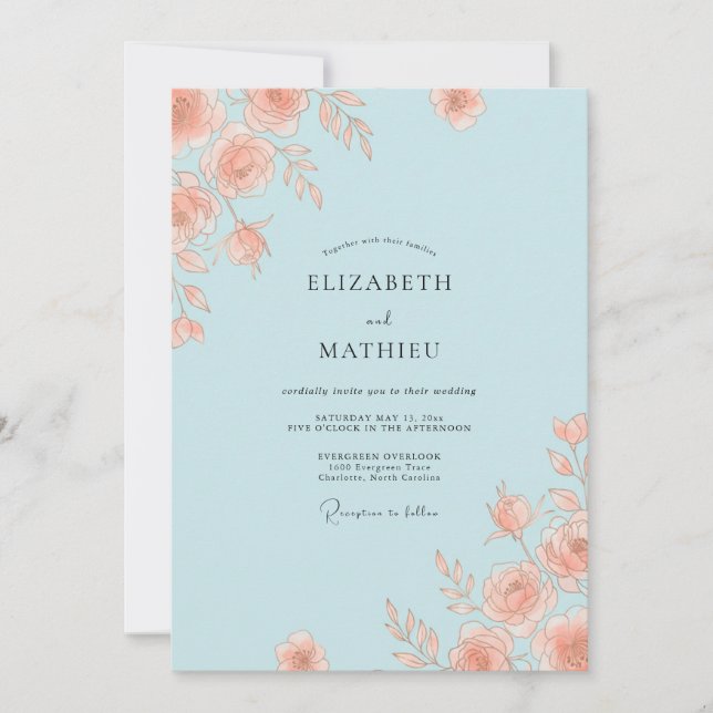 Invitación Boda de Rosa Elegante Azul Claro (Anverso)