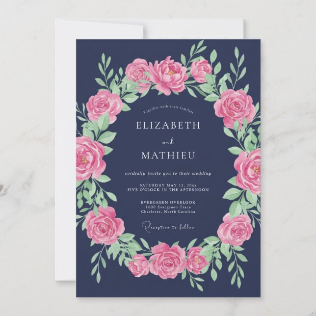 Invitación Boda de Rosa Elegante Azul Marino (Anverso)