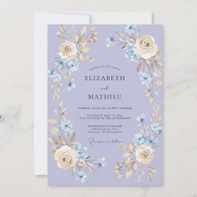 Invitación Boda de Rosa Elegante Azul Periwinkle (Anverso)