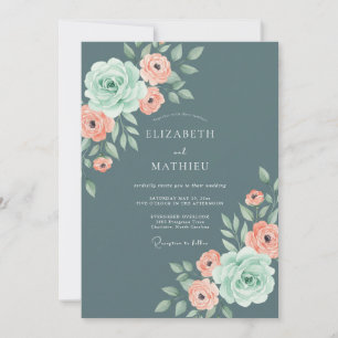 Invitación Boda de Rosa Elegante Azul Pizarra
