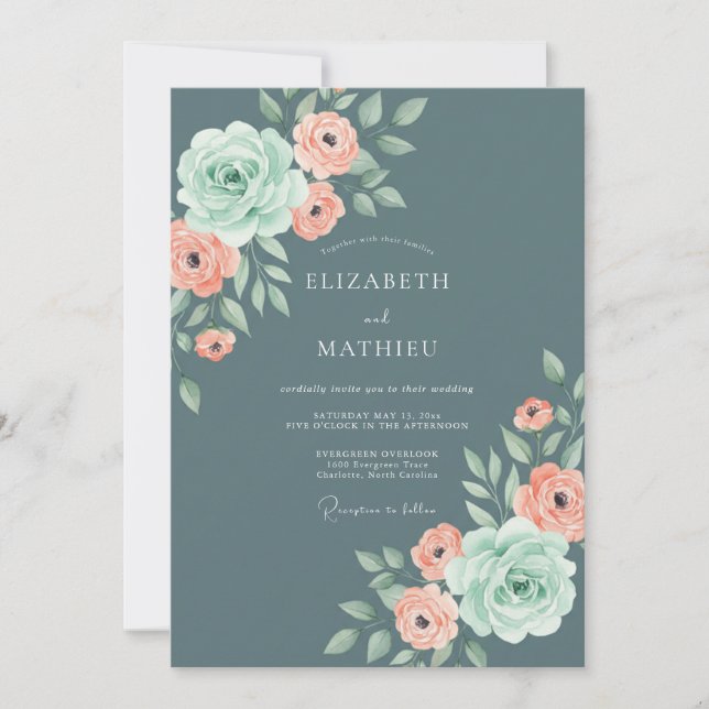 Invitación Boda de Rosa Elegante Azul Pizarra (Anverso)