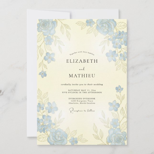 Invitación Boda de Rosa Elegante Azul Polvoriento (Anverso)