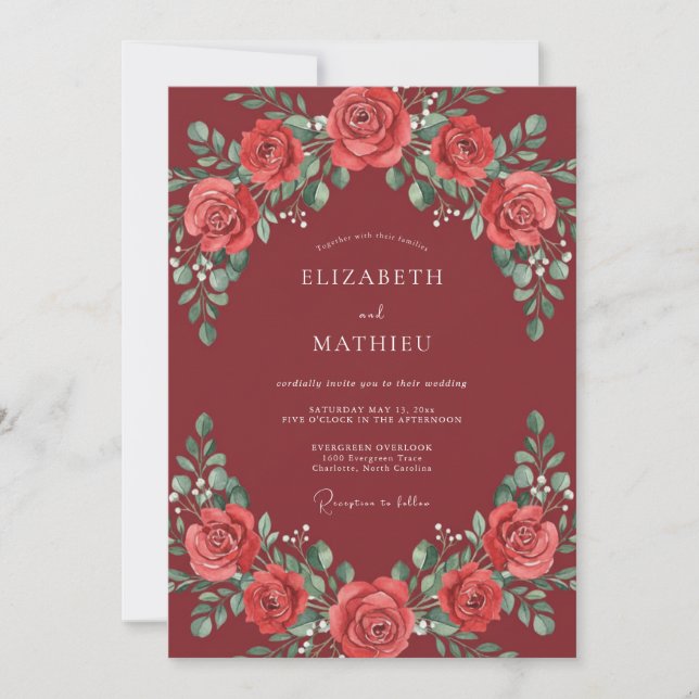 Invitación Boda de Rosa Elegante de Borgoña (Anverso)
