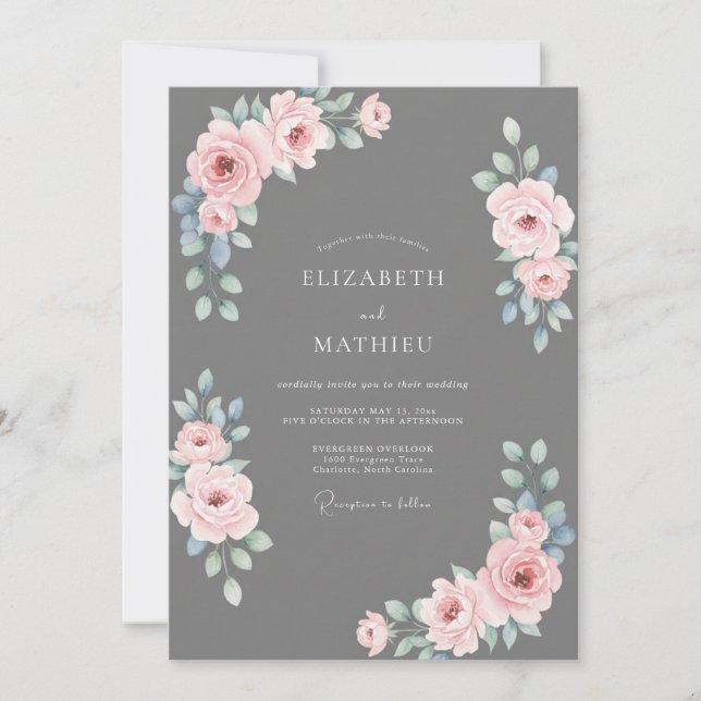 Invitación Boda de Rosa Elegante Gris Pizarra (Anverso)