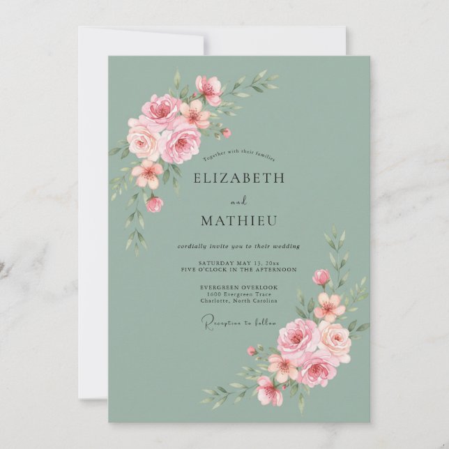Invitación Boda de Rosa Elegante Verde Salvia (Anverso)