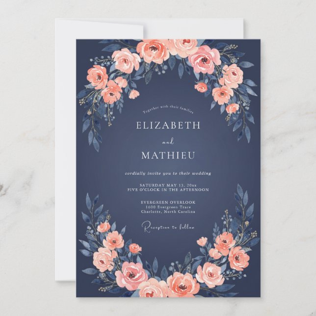 Invitación Boda de Rosa Encantadora Azul Marino (Anverso)