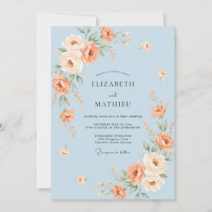 Invitación Boda de Rosa Encantadora Azul Pálido