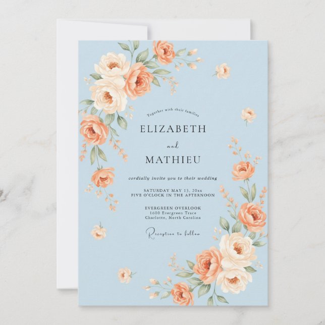 Invitación Boda de Rosa Encantadora Azul Pálido (Anverso)