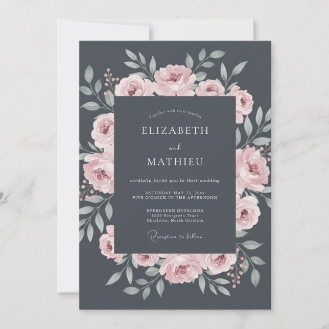 Invitación Boda de Rosa Encantadora Gris Carbón (Anverso)