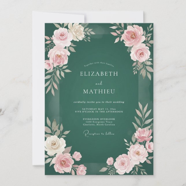 Invitación Boda de Rosa Encantadora Hunter Verde (Anverso)