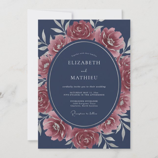 Invitación Boda de Rosa Espléndida Azul Marino (Anverso)