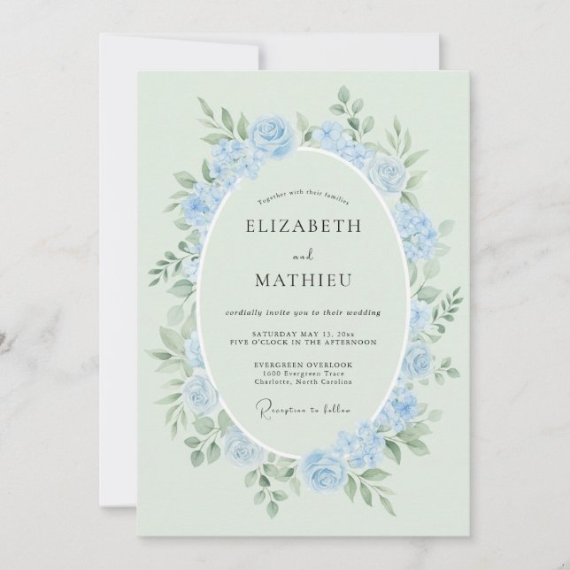 Invitación Boda de Rosa Etérea Azul en Polvo (Anverso)
