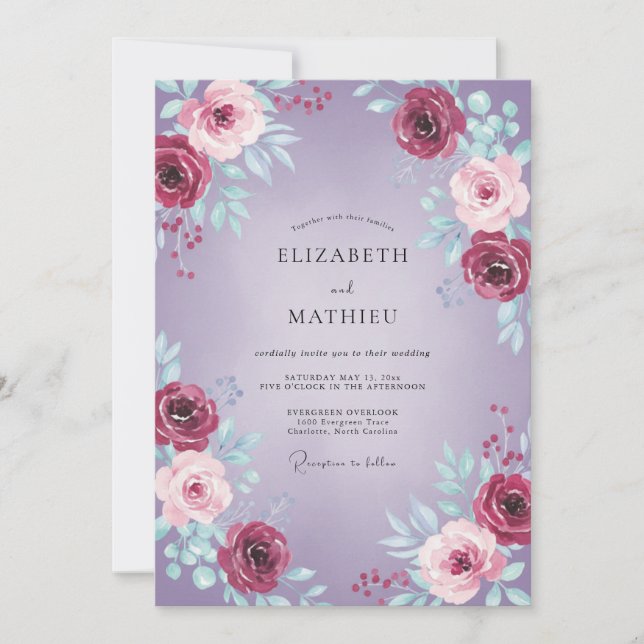 Invitación Boda de Rosa Etérea Púrpura (Anverso)