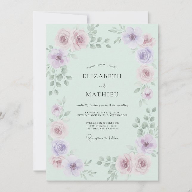 Invitación Boda de Rosa Etérea Verde Menta (Anverso)