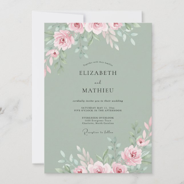 Invitación Boda de Rosa Etérea Verde Salvia (Anverso)