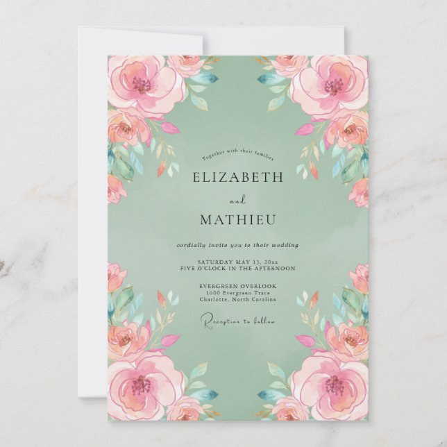 Invitación Boda de Rosa Feliz Verde Salvia (Anverso)