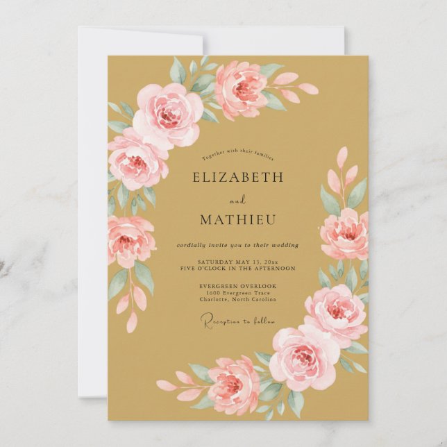 Invitación Boda de Rosa Flor de Oro Suave (Anverso)