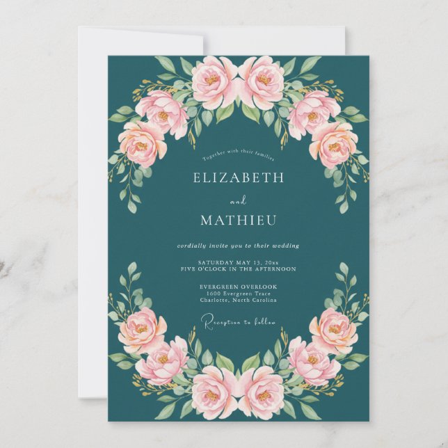 Invitación Boda de Rosa Flor de Té con Rubor (Anverso)