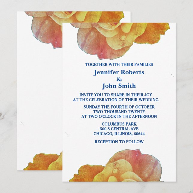 Invitación Boda de Rosa floral amarillo azul naranja blanco (Anverso / Reverso)