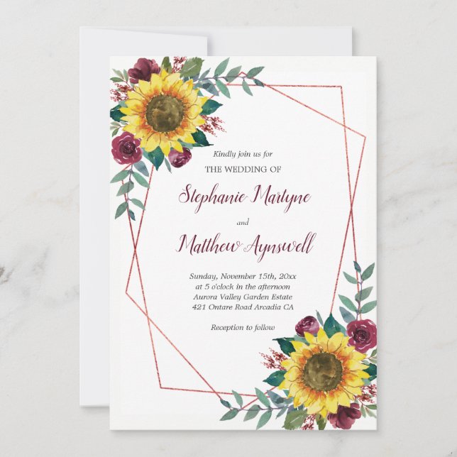 Invitación Boda de Rosa floral de borgoña con girasol geométr (Anverso)