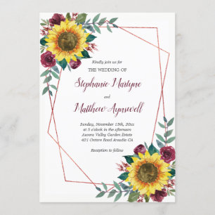 Invitación Boda de Rosa floral de borgoña con girasol geométr