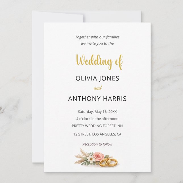 Invitación Boda de Rosa Floral Dorada Simple y Elegante (Anverso)