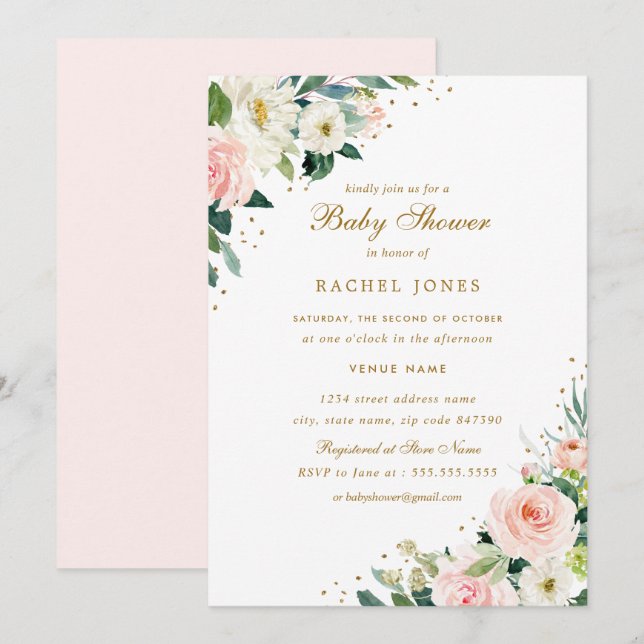 Invitación Boda de Rosa Floral Dorado Rosa Bebé Shower (Anverso / Reverso)